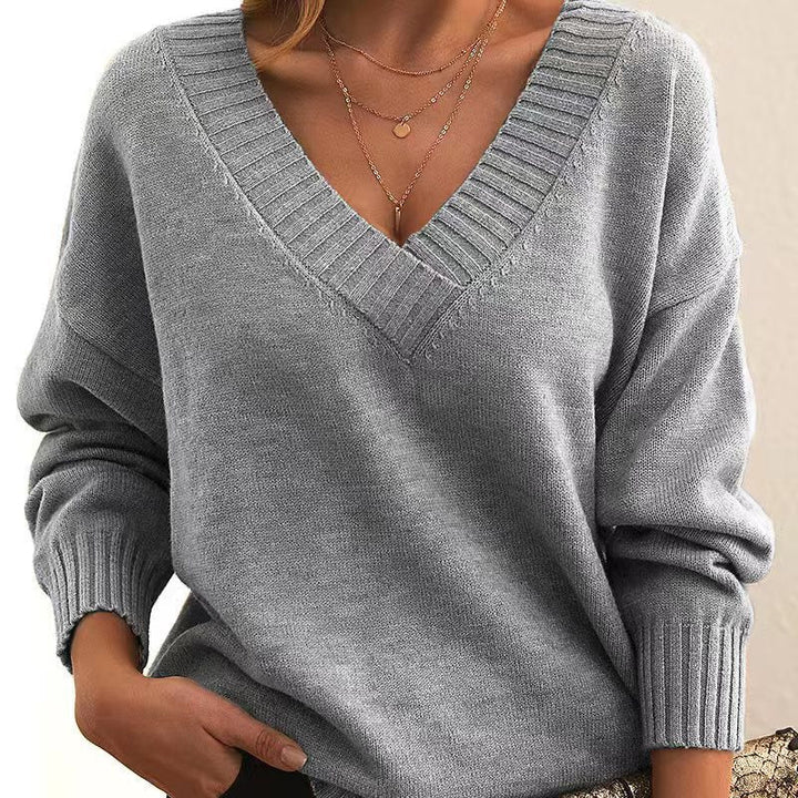 Dames Geribbelde V-Hals Pullover met Lange Mouwen