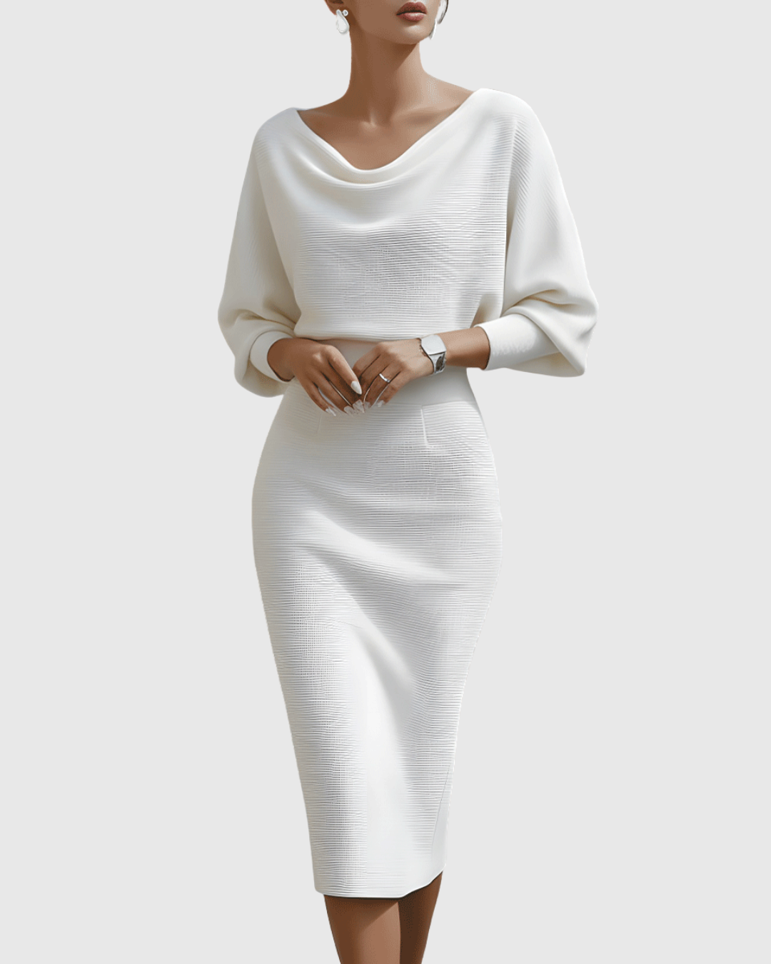 Ismeria | Witte Gedrapeerde Batwing Midi Jurk