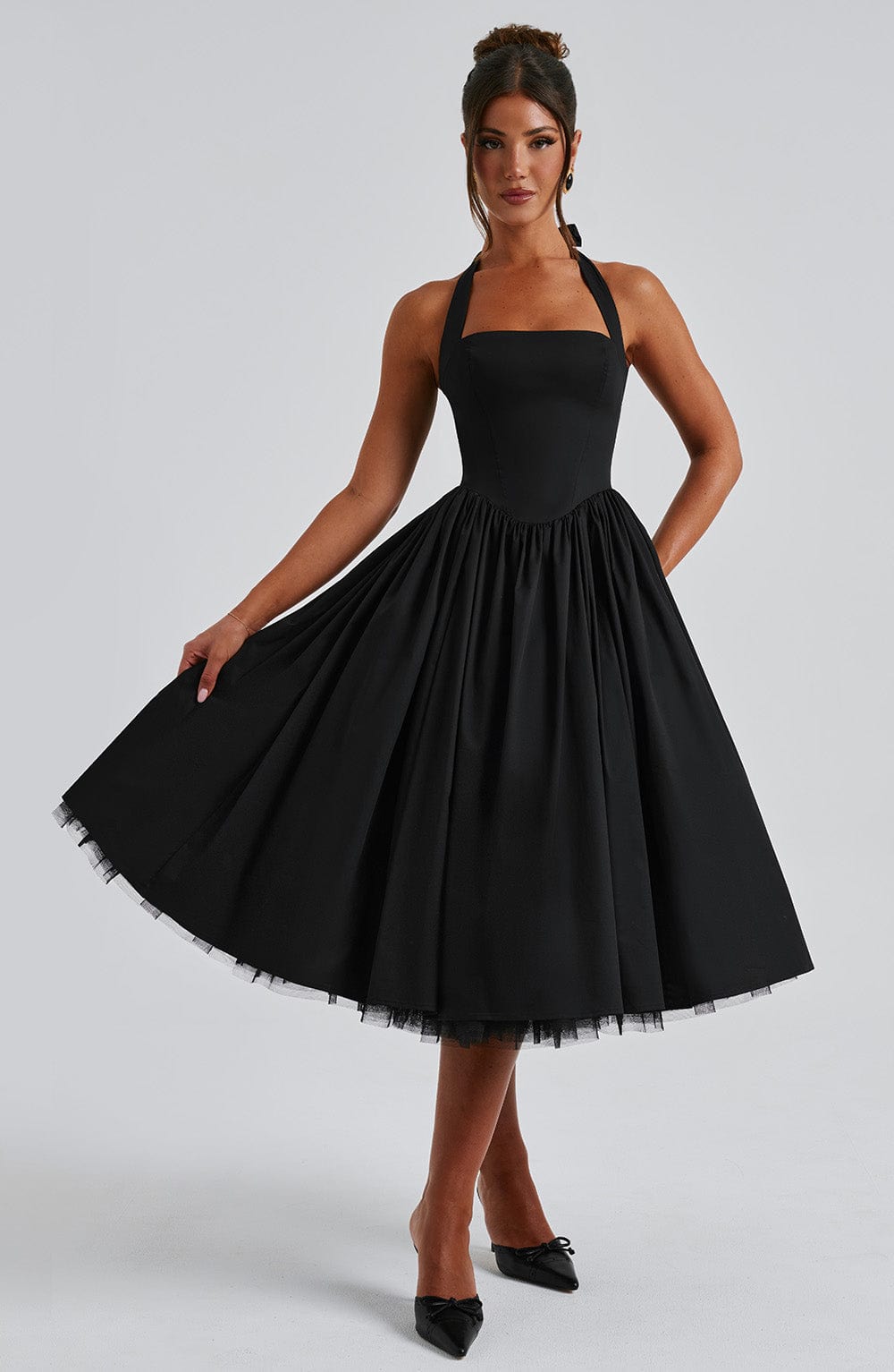 Chloe | Dames Bruiloft Gast Halter Midi Jurk