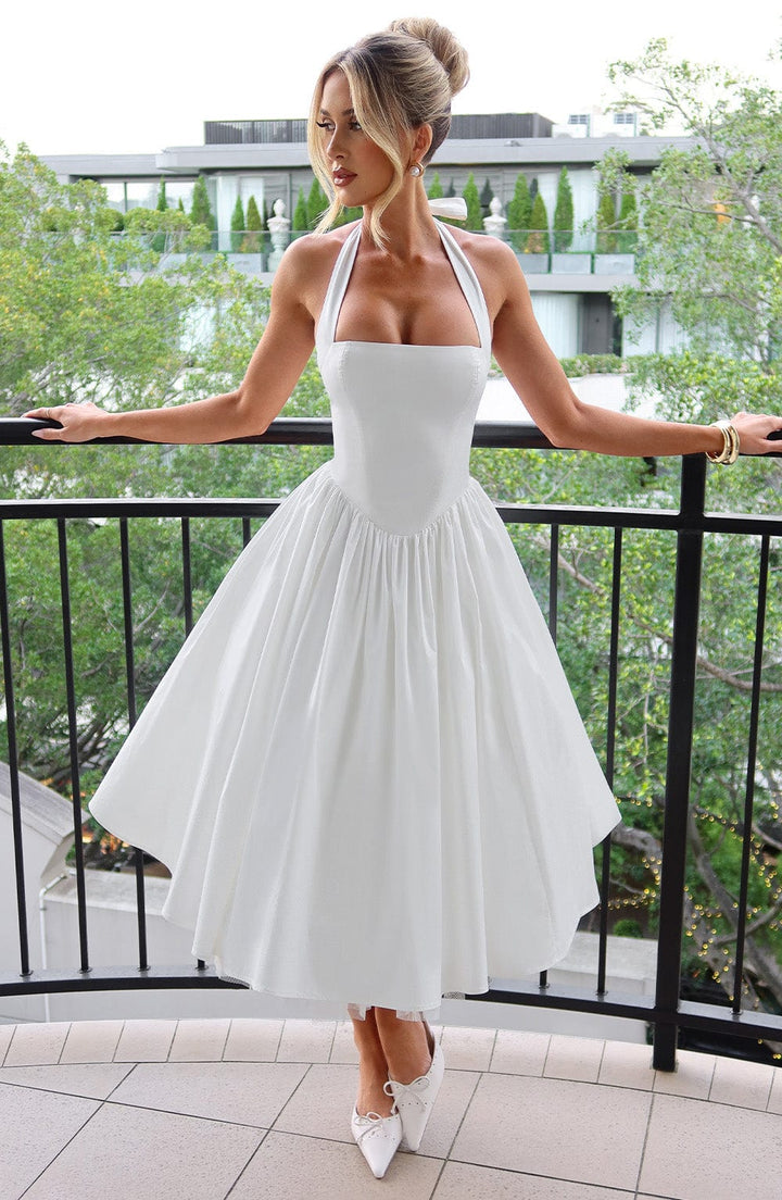 Chloe | Dames Bruiloft Gast Halter Midi Jurk
