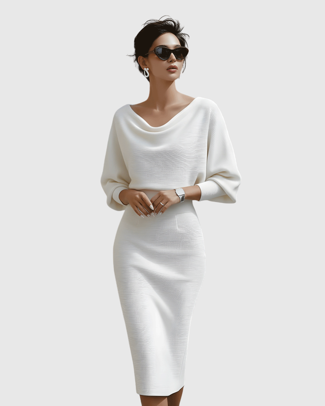Ismeria | Witte Gedrapeerde Batwing Midi Jurk