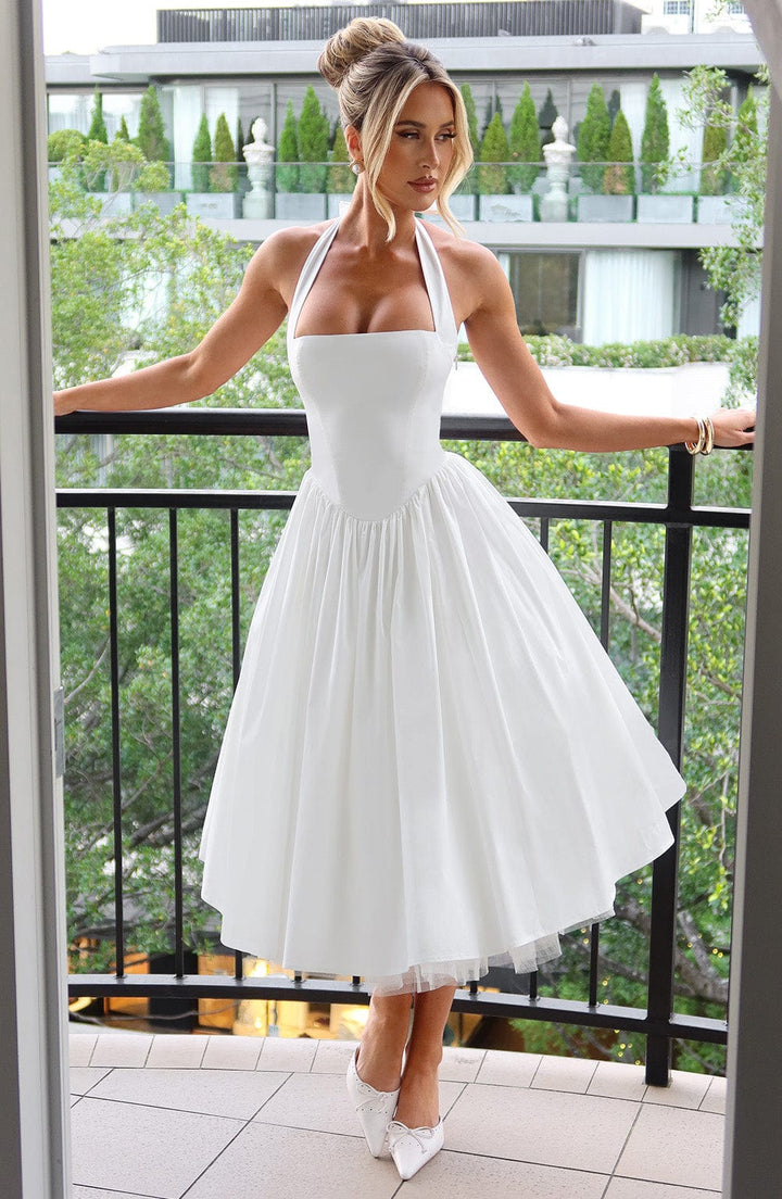 Chloe | Dames Bruiloft Gast Halter Midi Jurk