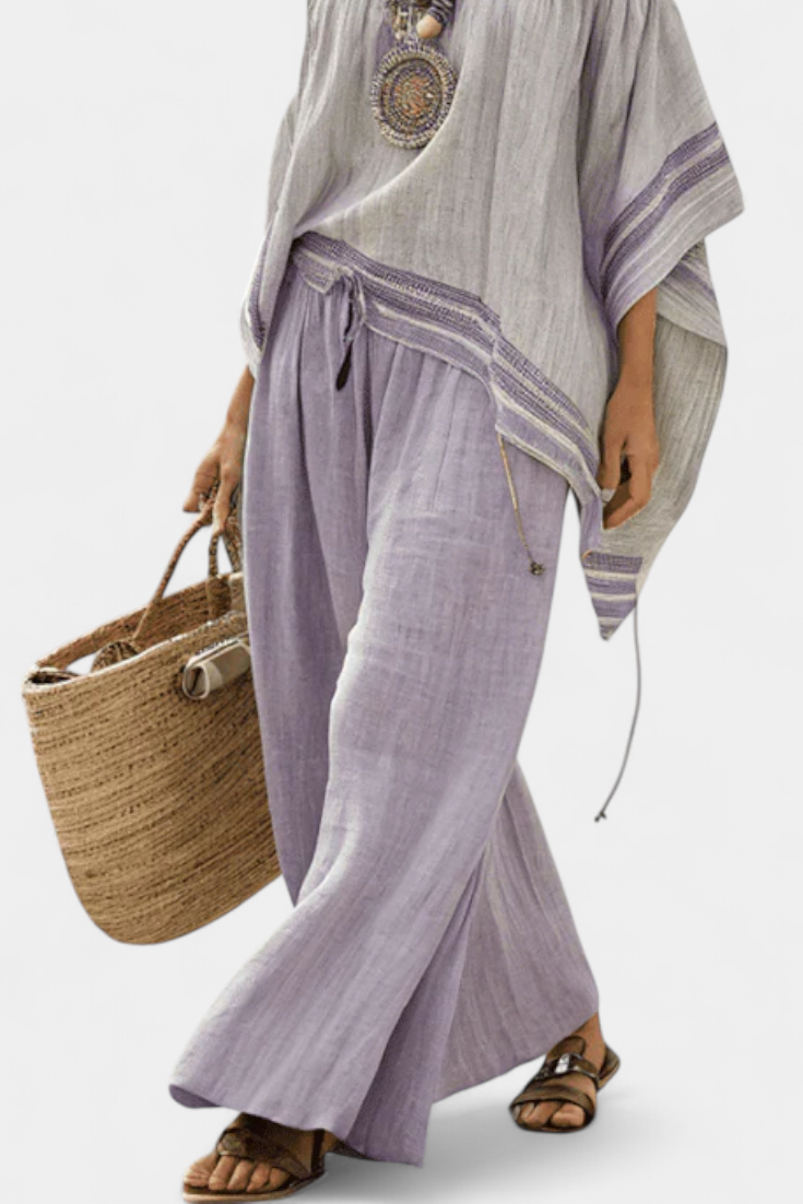 Zandrel | Elegante Off-Shoulder Top &amp; Brede Gestreepte Broek
