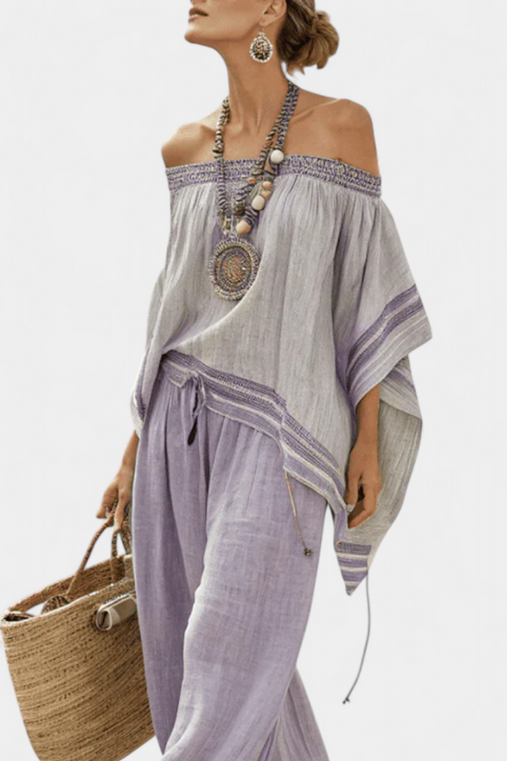 Zandrel | Elegante Off-Shoulder Top &amp; Brede Gestreepte Broek