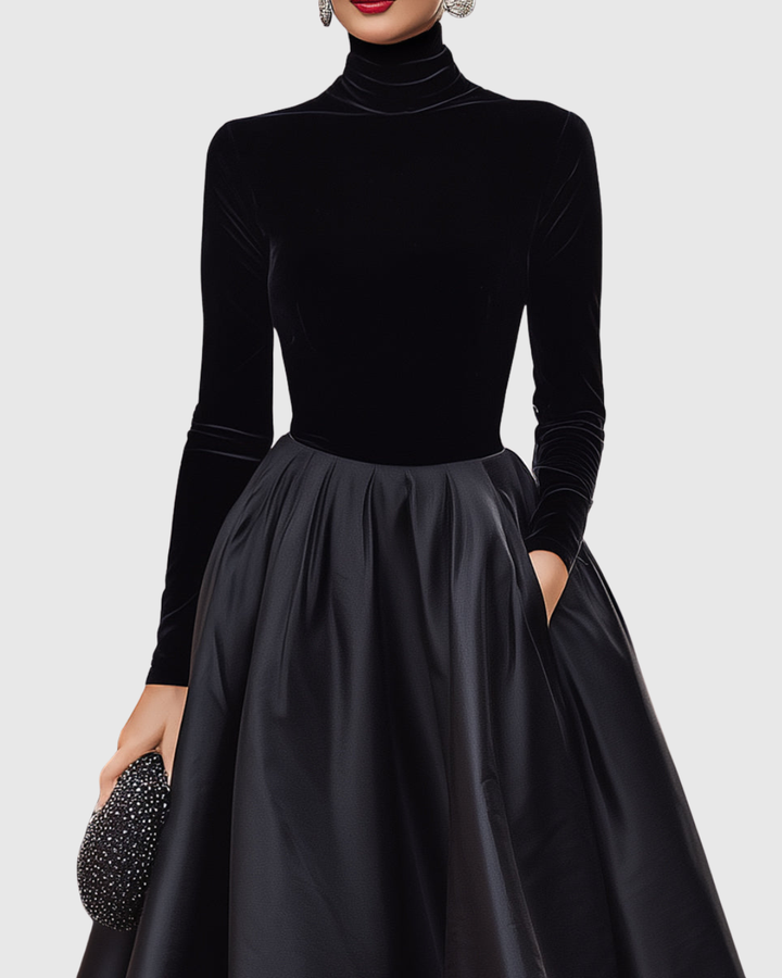 Aradia | Elegante Zwarte Fluwelen En Satijnen Midi Jurk