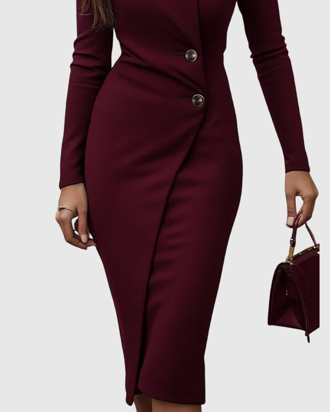 Luned | Bordeau Wrap-Stijl Knop Midi Jurk