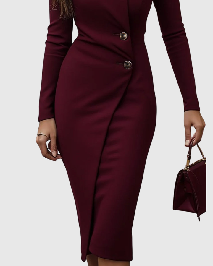 Luned | Bordeau Wrap-Stijl Knop Midi Jurk