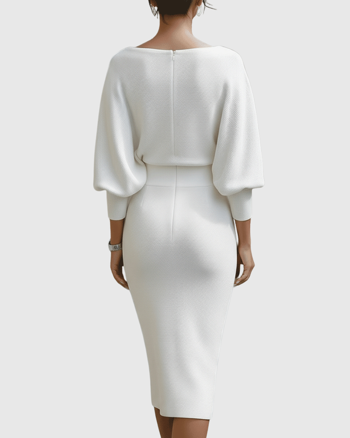 Ismeria | Witte Gedrapeerde Batwing Midi Jurk