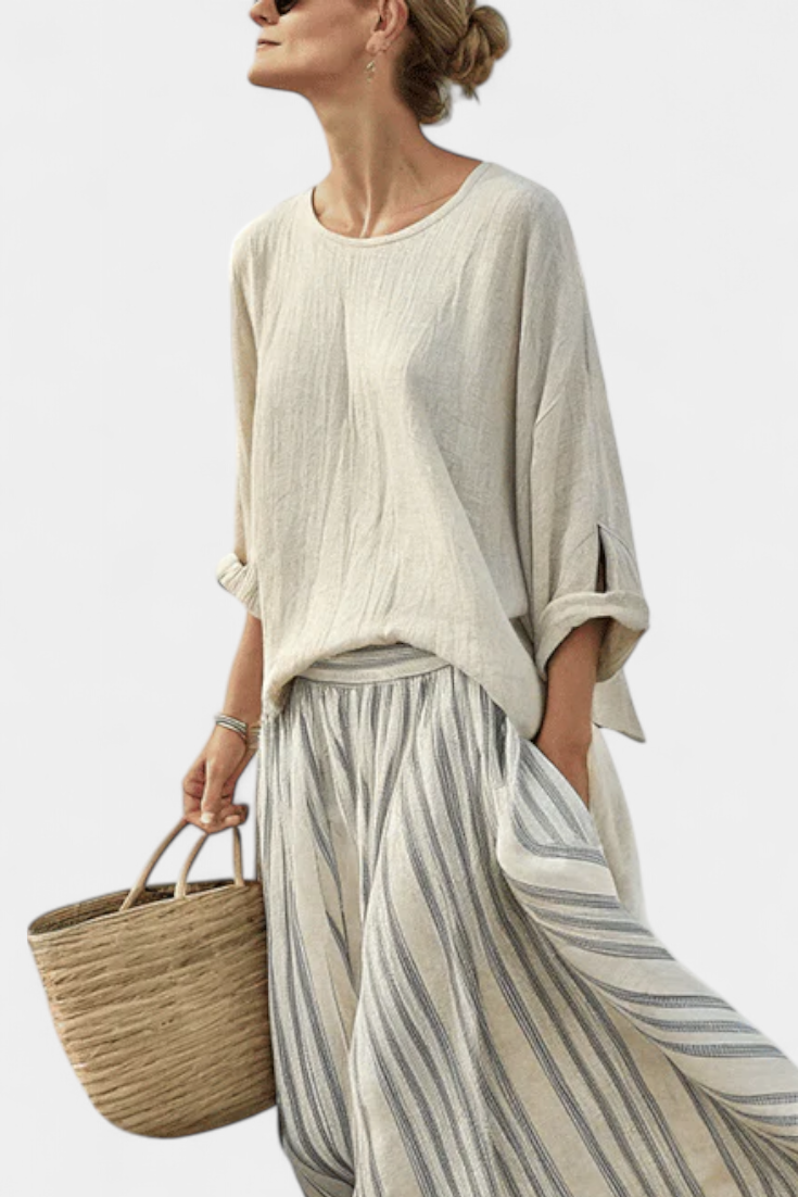 Aurcyn | Comfortabele Loose Blouse &amp; Gestreepte Midi Rok