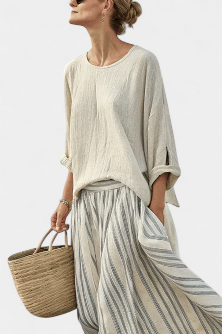 Aurcyn | Comfortabele Losse Blouse &amp; Gestreepte Midi Rok