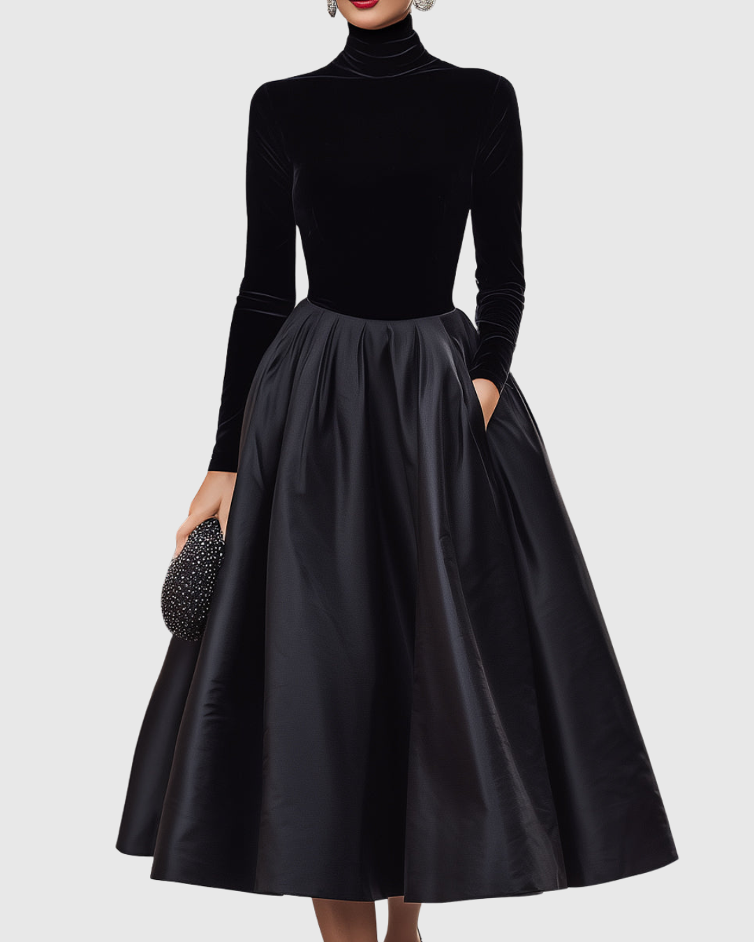 Aradia | Elegante Zwarte Fluwelen En Satijnen Midi Jurk