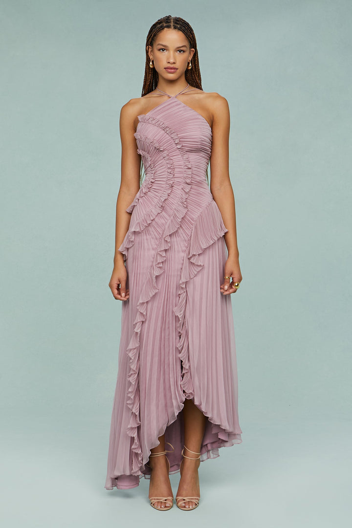 Paige | Vrouwen Plissé Ruffle Halter Midi Jurk