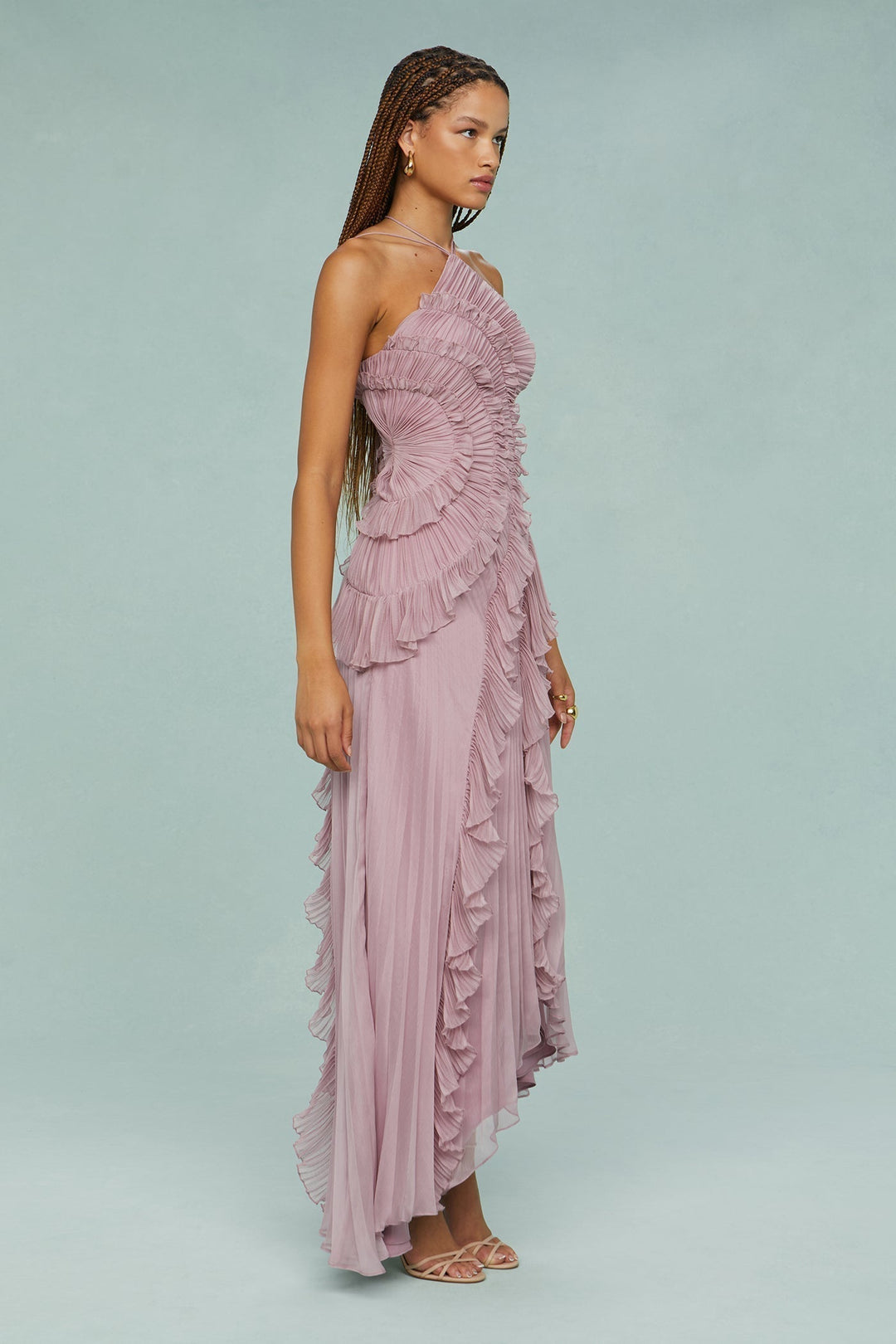 Paige | Vrouwen Plissé Ruffle Halter Midi Jurk
