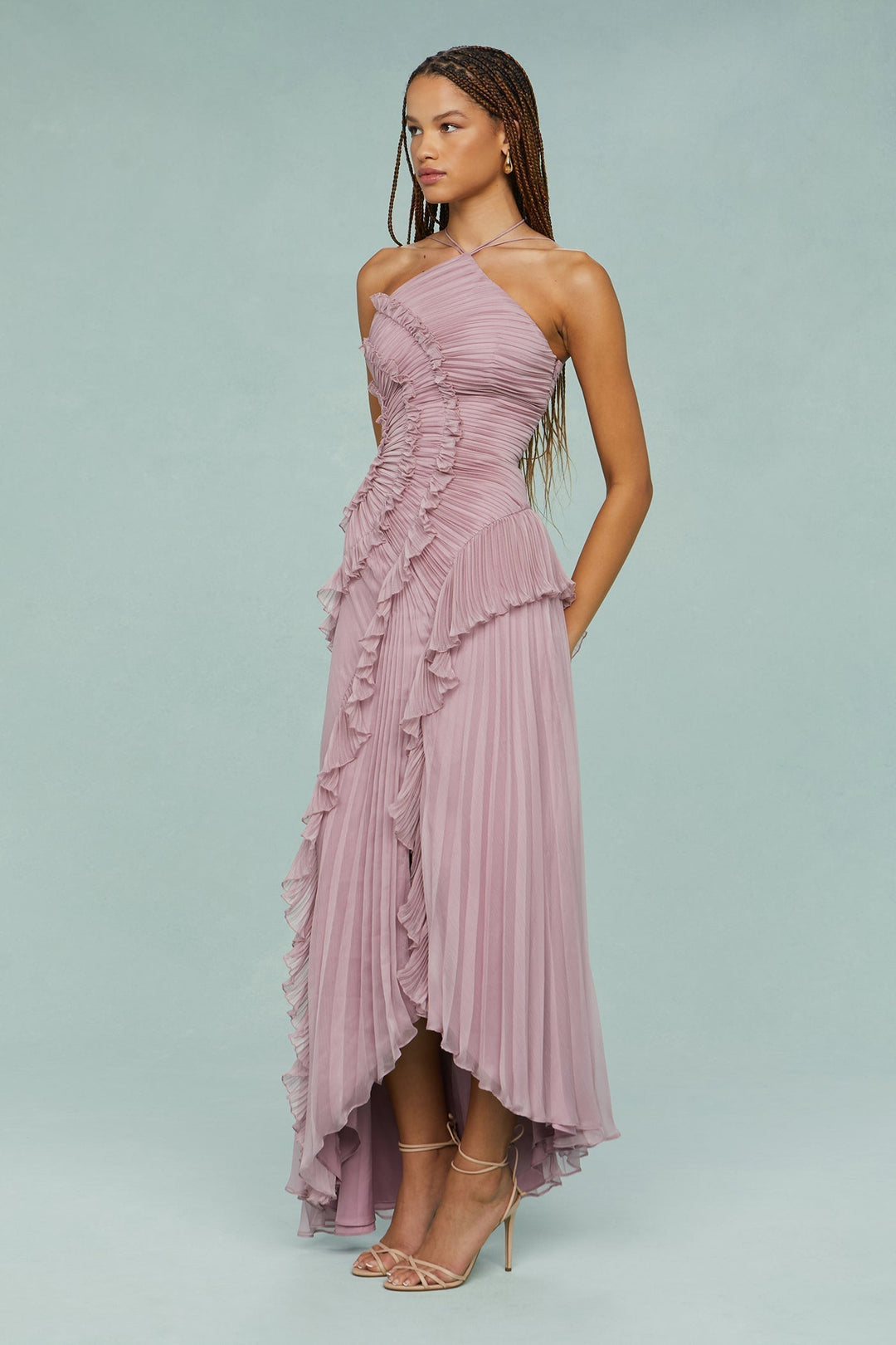 Paige | Vrouwen Plissé Ruffle Halter Midi Jurk