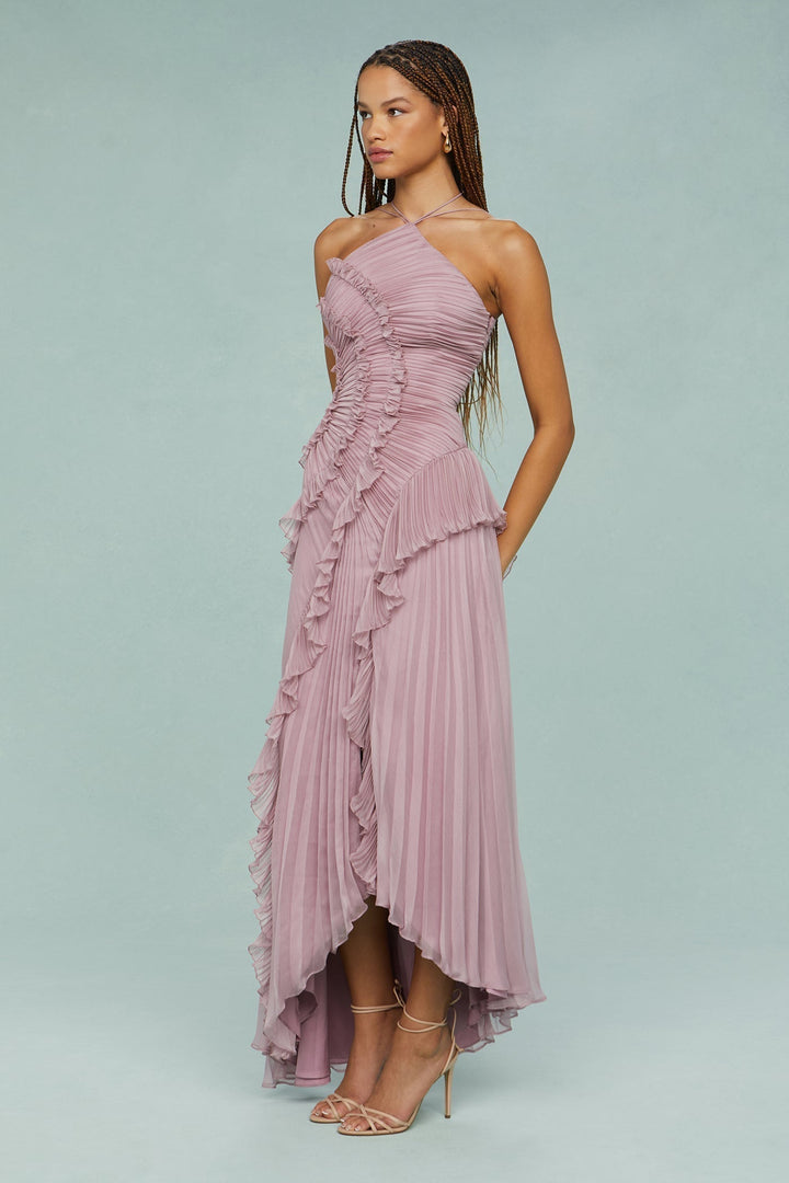 Paige | Vrouwen Plissé Ruffle Halter Midi Jurk