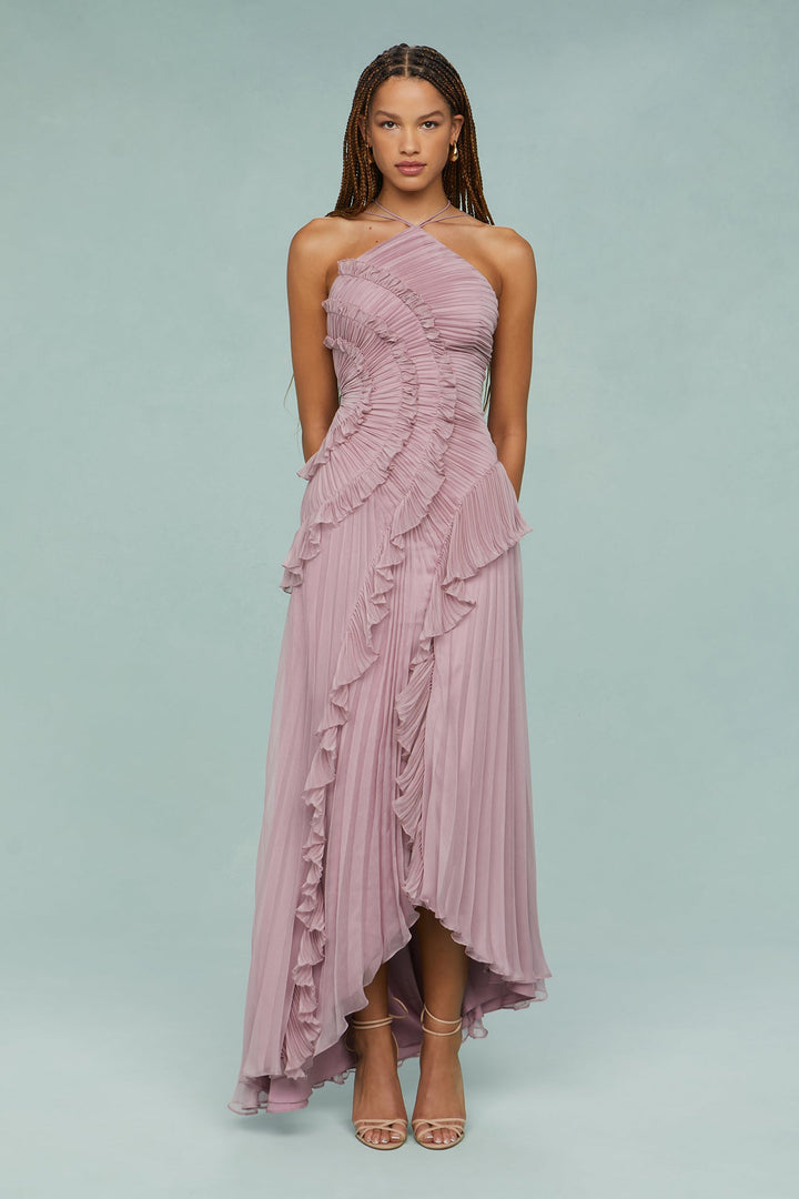 Paige | Vrouwen Plissé Ruffle Halter Midi Jurk