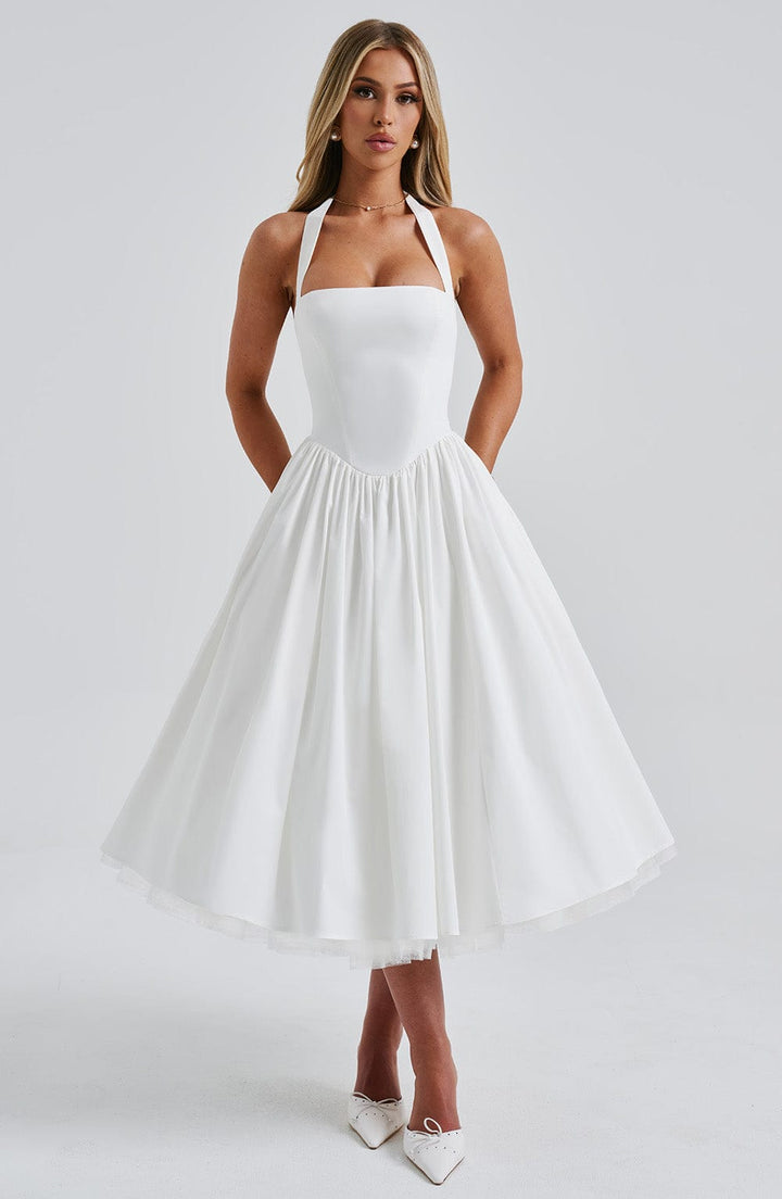 Chloe | Dames Bruiloft Gast Halter Midi Jurk