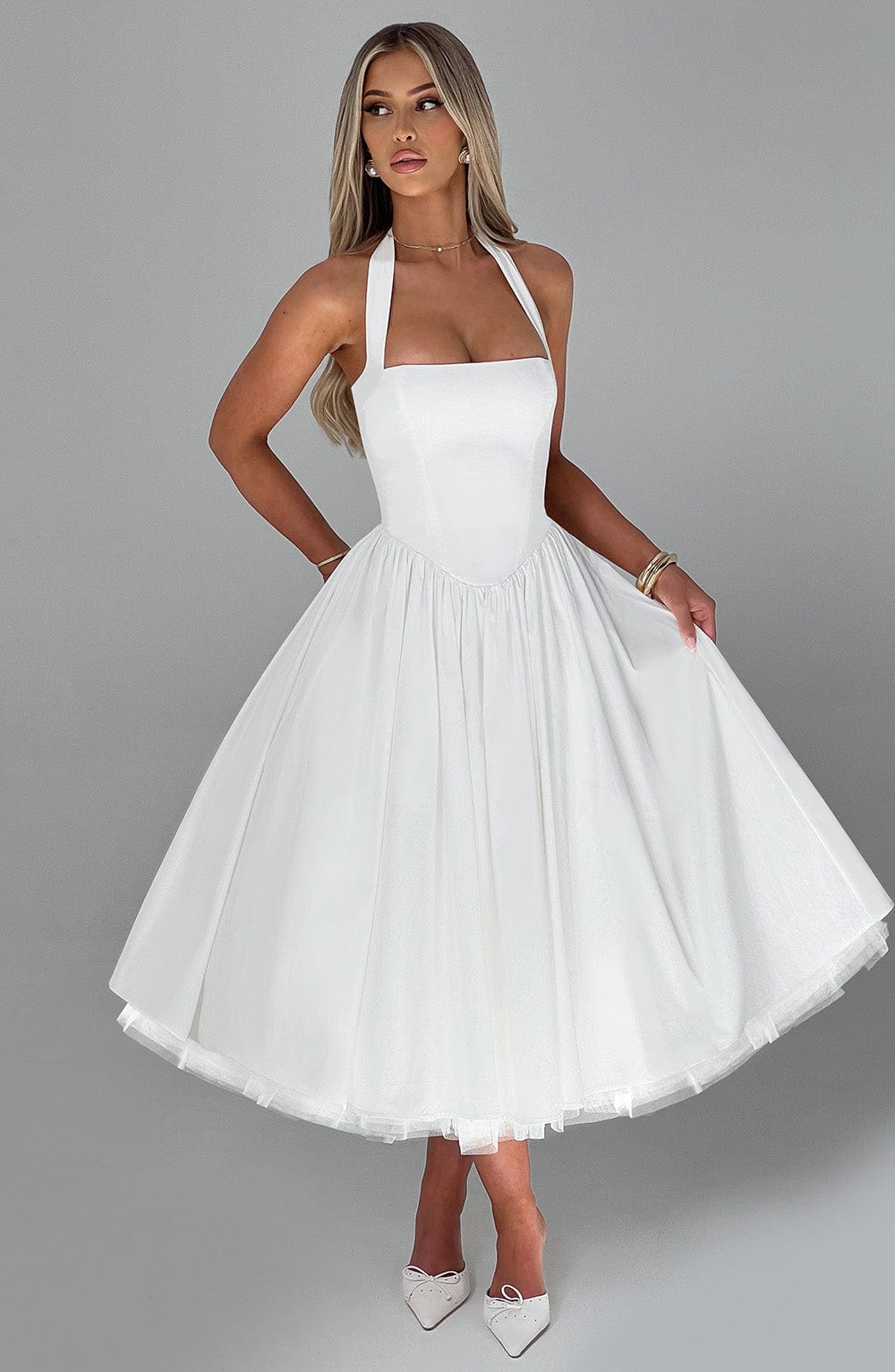 Chloe | Dames Bruiloft Gast Halter Midi Jurk