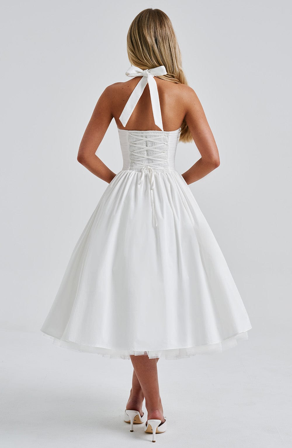 Chloe | Dames Bruiloft Gast Halter Midi Jurk
