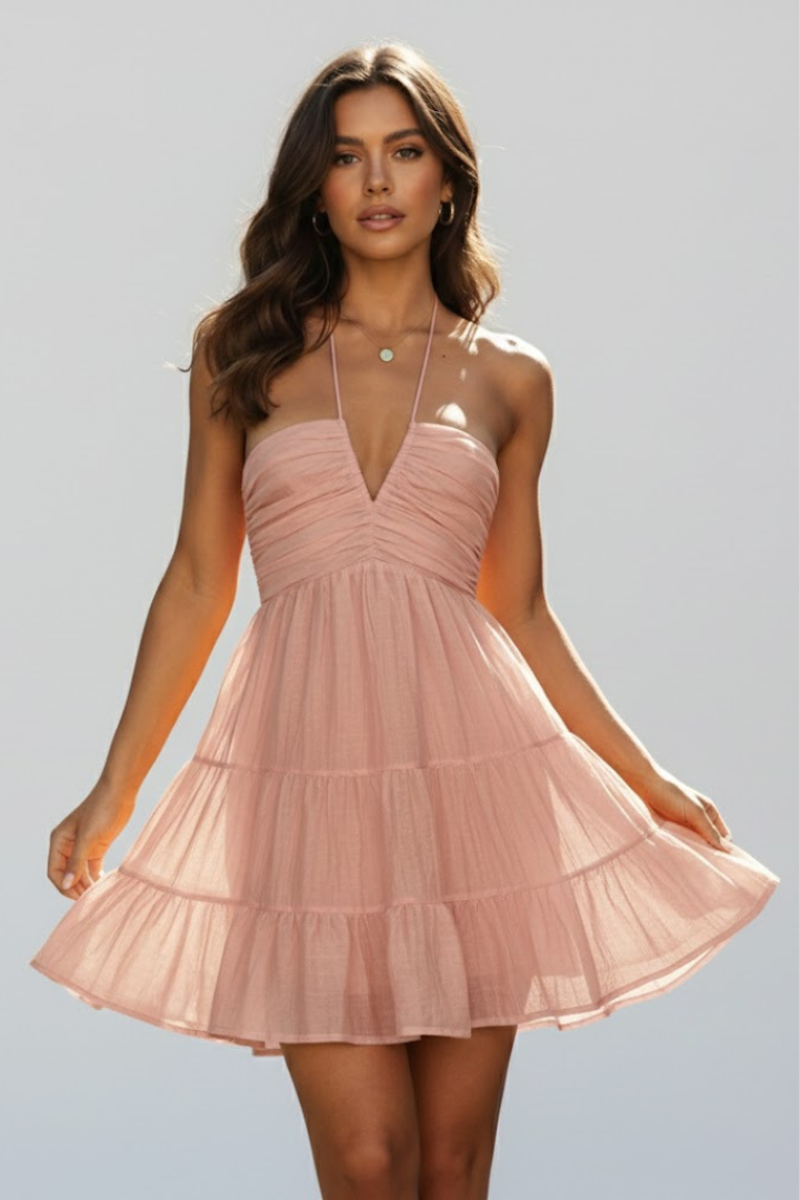 Kimberly | Vrouwen Halter Mini Jurk met Gelaagde Rok