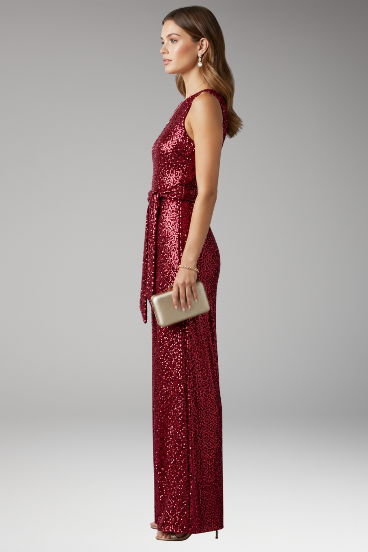 Brooklyn | Dames Pailletten Jumpsuit met Wijde Pijpen en Tailleband