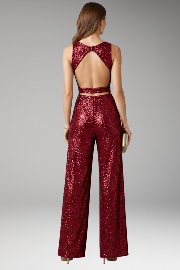 Brooklyn | Dames Pailletten Jumpsuit met Wijde Pijpen en Tailleband