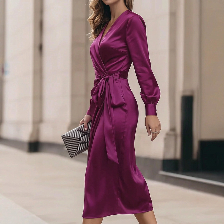 Cerelia | Diep Pruim Satijnen Wikkel Midi Jurk