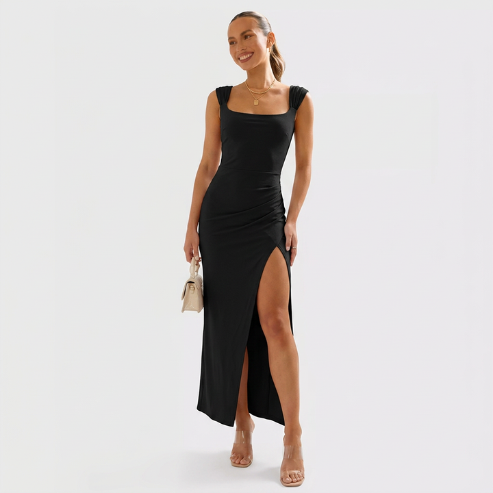 Coralya | Elegante Maxi Jurk met Vierkante Hals en Hoge Split