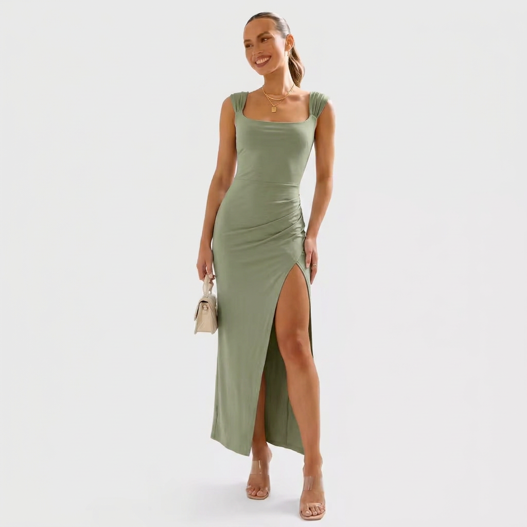 Coralya | Elegante Maxi Jurk met Vierkante Hals en Hoge Split