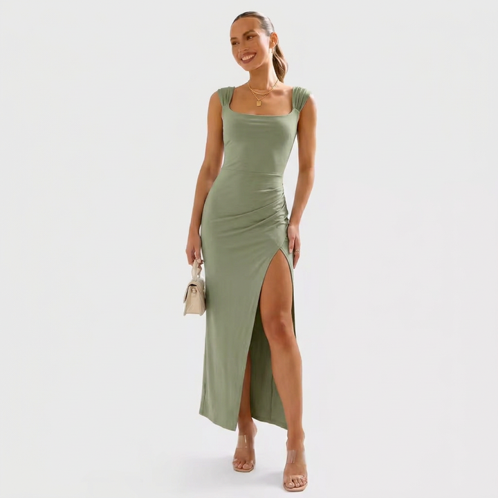 Coralya | Elegante Maxi Jurk met Vierkante Hals en Hoge Split