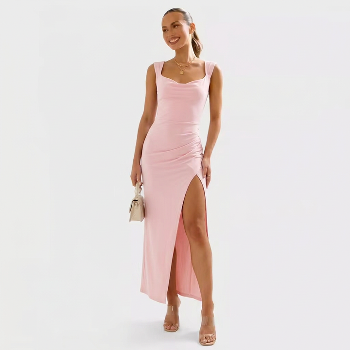Coralya | Elegante Maxi Jurk met Vierkante Hals en Hoge Split