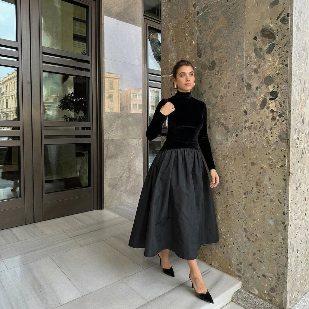 Aradia | Elegante Zwarte Fluwelen En Satijnen Midi Jurk