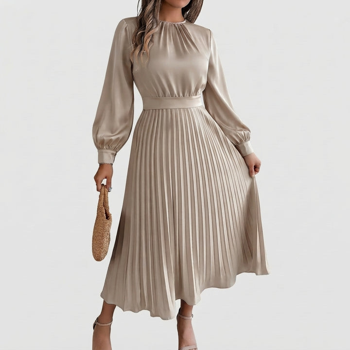 Dames Midi Jurk met Opstaande Kraag, Geplooide Rok en Tailleband