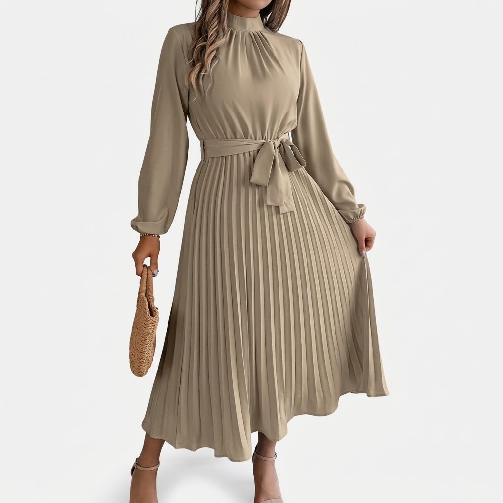 Dames Midi Jurk met Opstaande Kraag, Geplooide Rok en Tailleband