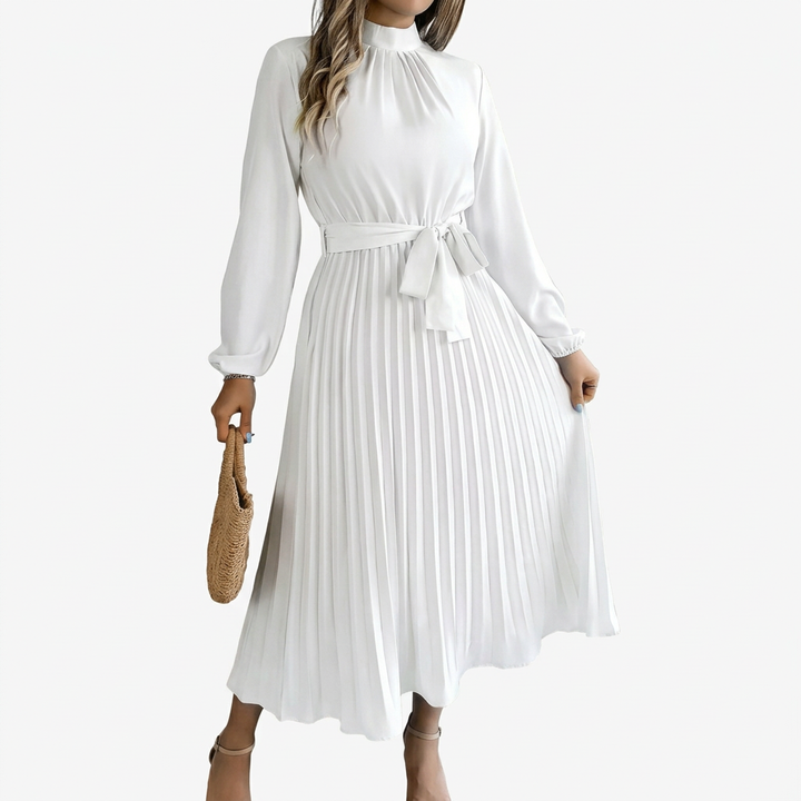 Dames Midi Jurk met Opstaande Kraag, Geplooide Rok en Tailleband