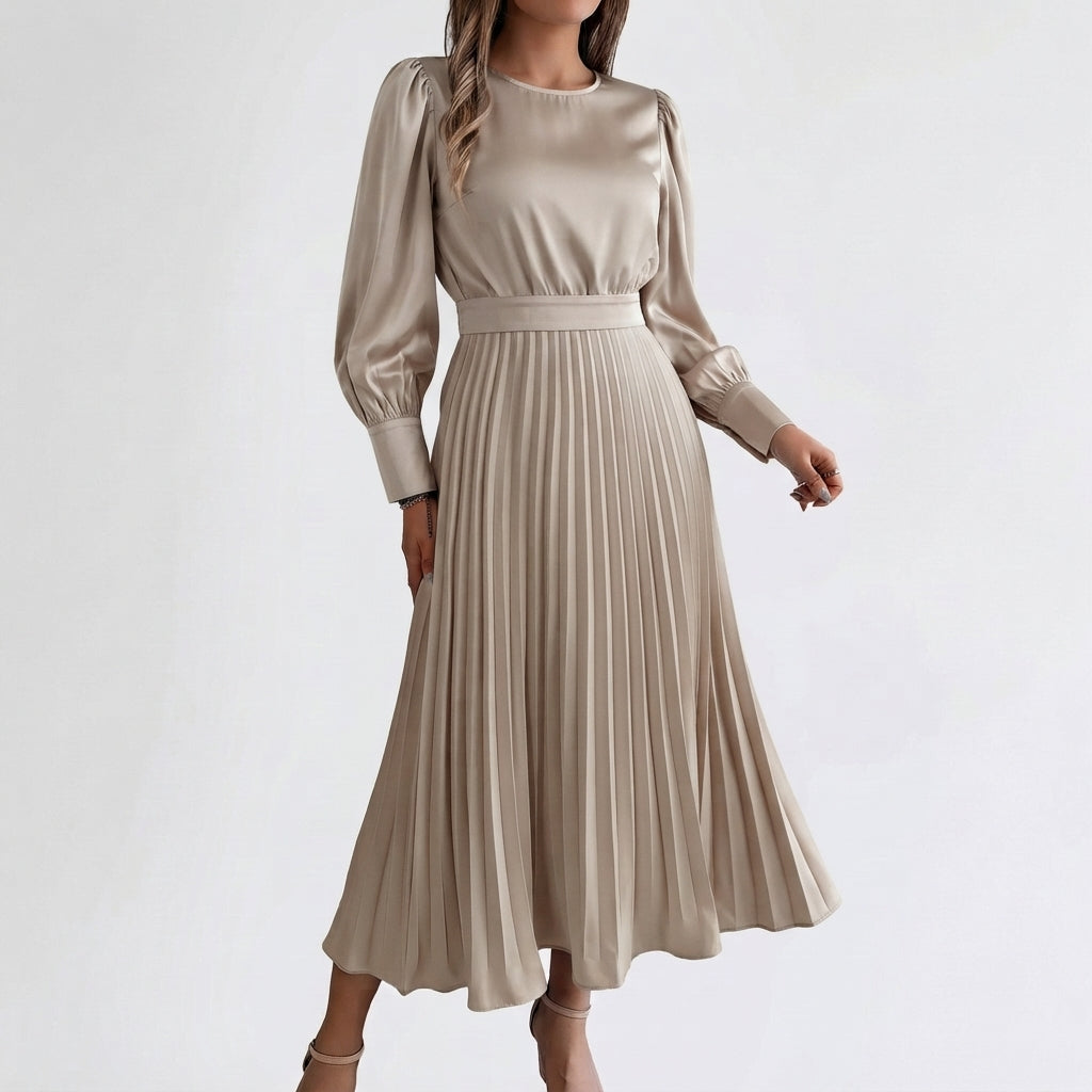 Dames Midi Jurk met Opstaande Kraag, Geplooide Rok en Tailleband