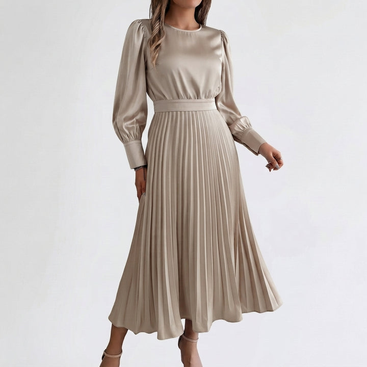Dames Midi Jurk met Opstaande Kraag, Geplooide Rok en Tailleband