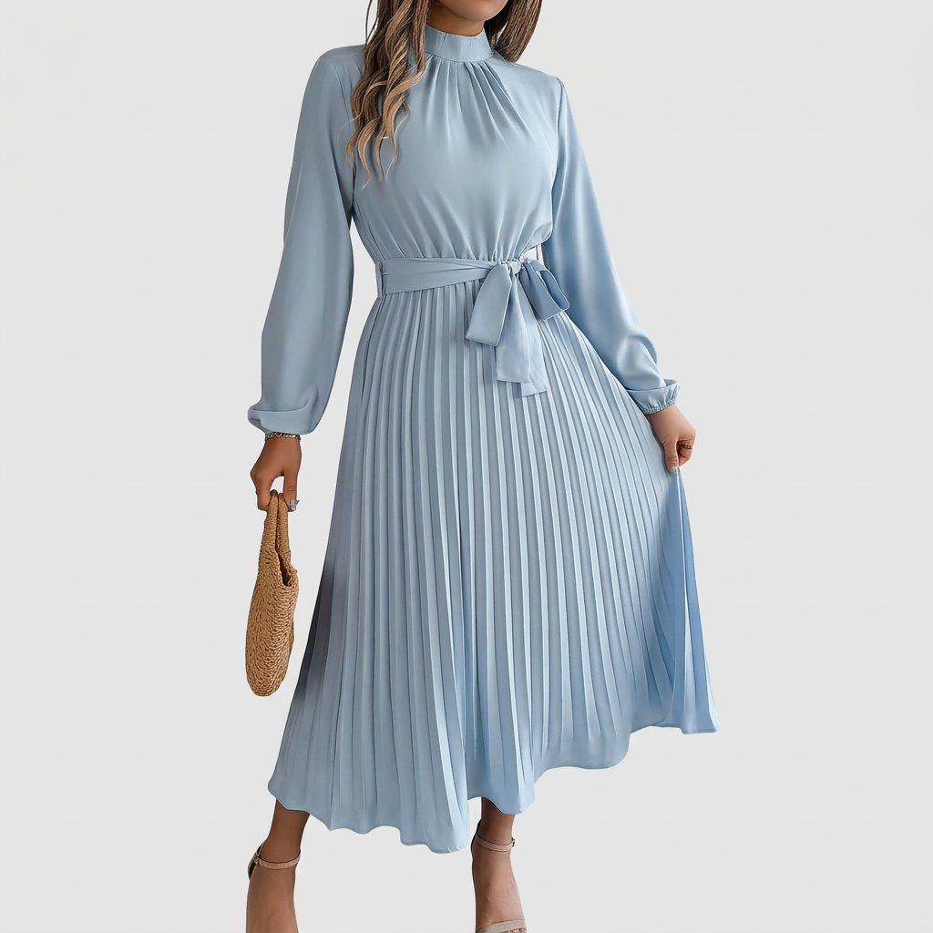 Dames Midi Jurk met Opstaande Kraag, Geplooide Rok en Tailleband