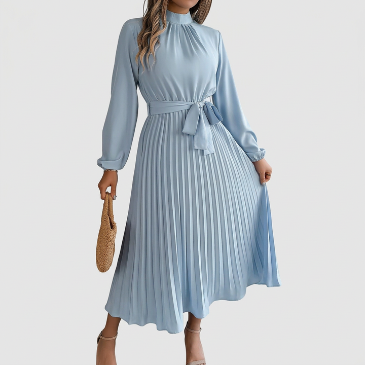 Dames Midi Jurk met Opstaande Kraag, Geplooide Rok en Tailleband