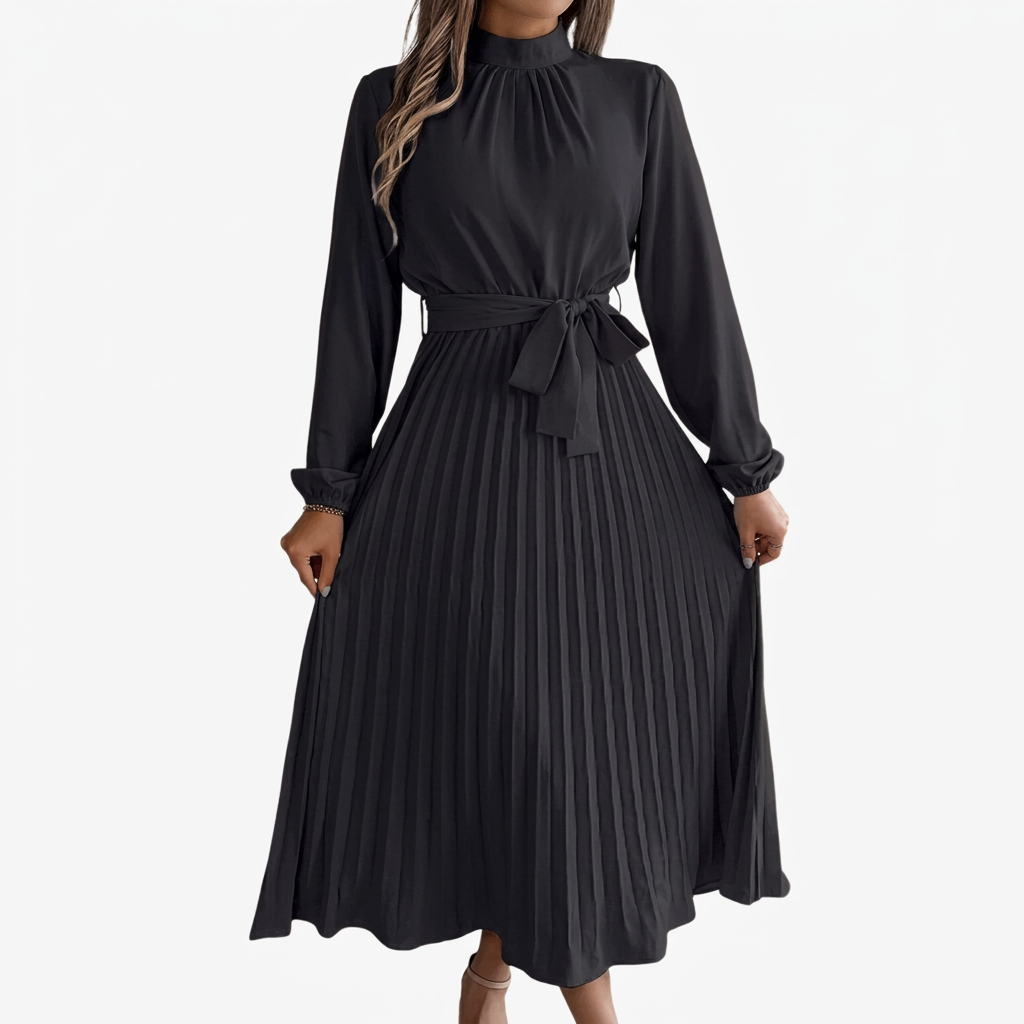 Dames Midi Jurk met Opstaande Kraag, Geplooide Rok en Tailleband