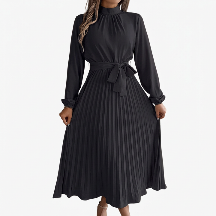 Dames Midi Jurk met Opstaande Kraag, Geplooide Rok en Tailleband