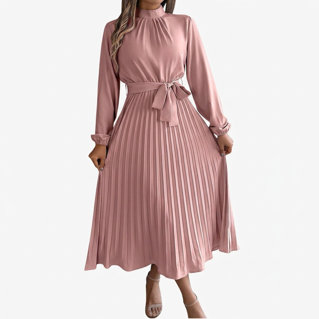 Dames Midi Jurk met Opstaande Kraag, Geplooide Rok en Tailleband