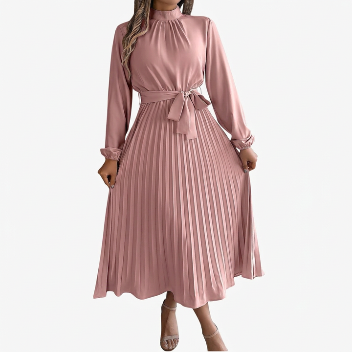 Dames Midi Jurk met Opstaande Kraag, Geplooide Rok en Tailleband