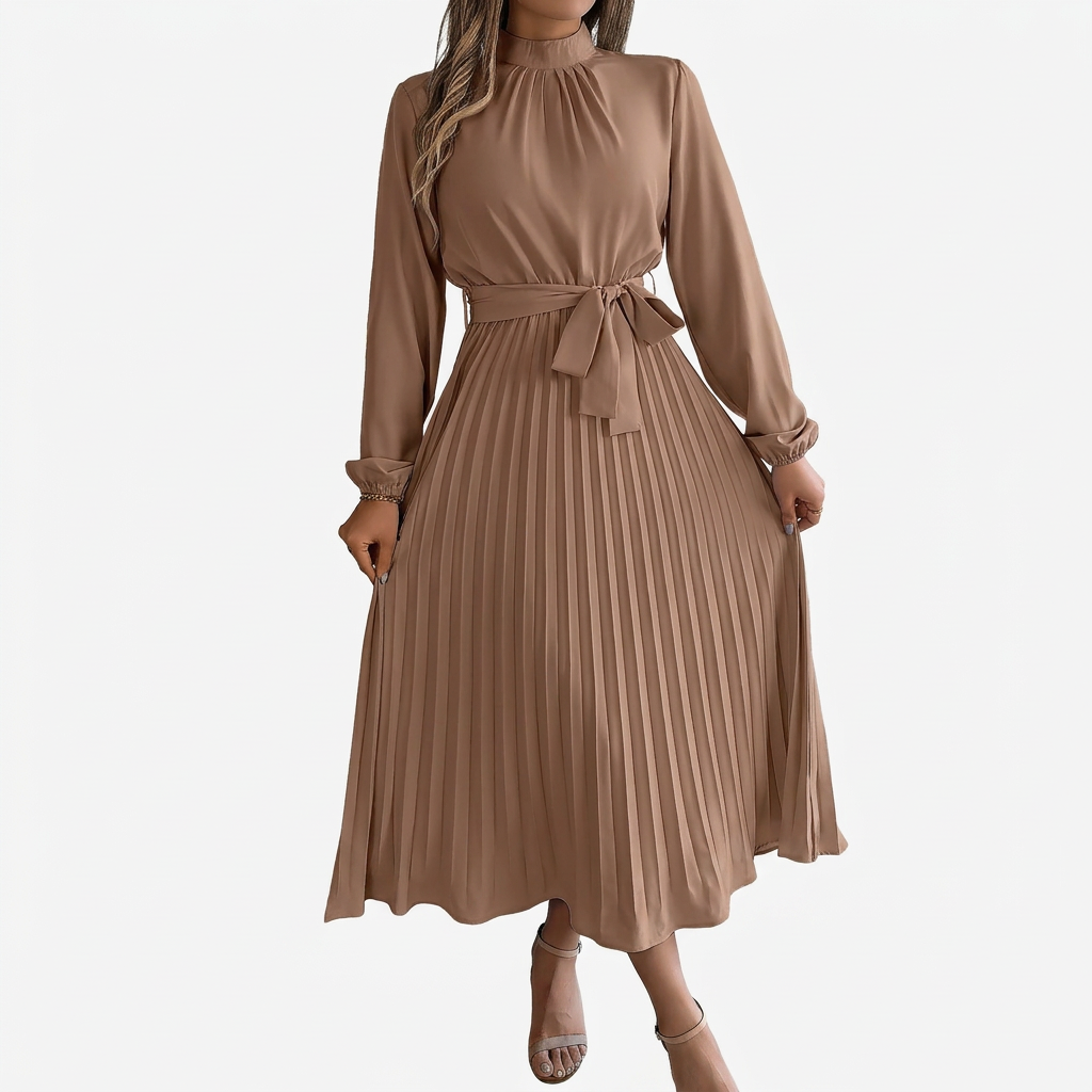 Dames Midi Jurk met Opstaande Kraag, Geplooide Rok en Tailleband