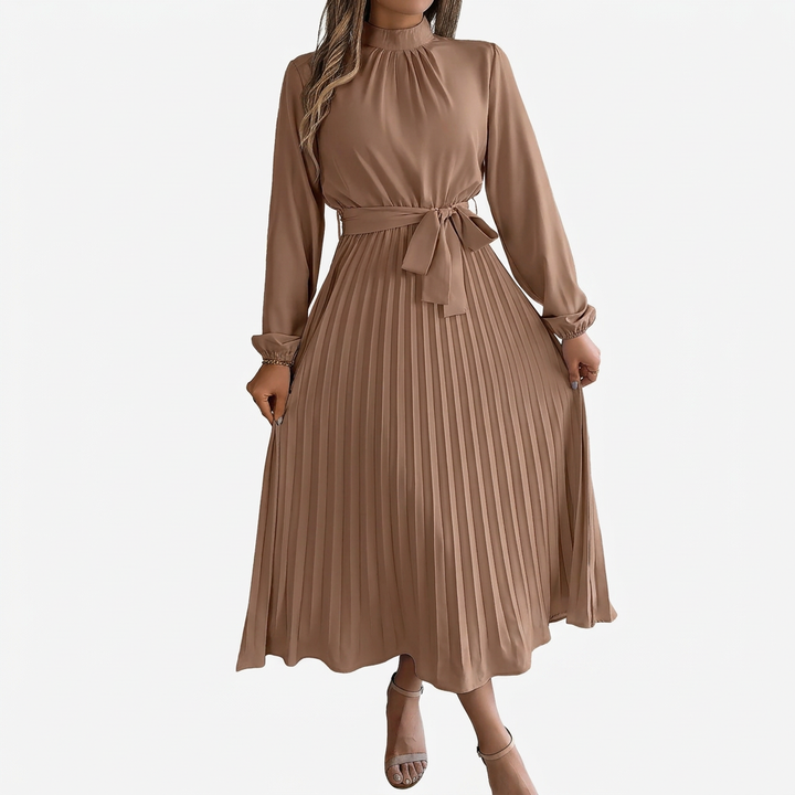 Dames Midi Jurk met Opstaande Kraag, Geplooide Rok en Tailleband