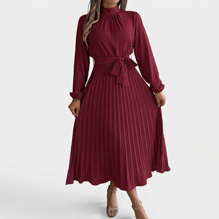 Dames Midi Jurk met Opstaande Kraag, Geplooide Rok en Tailleband