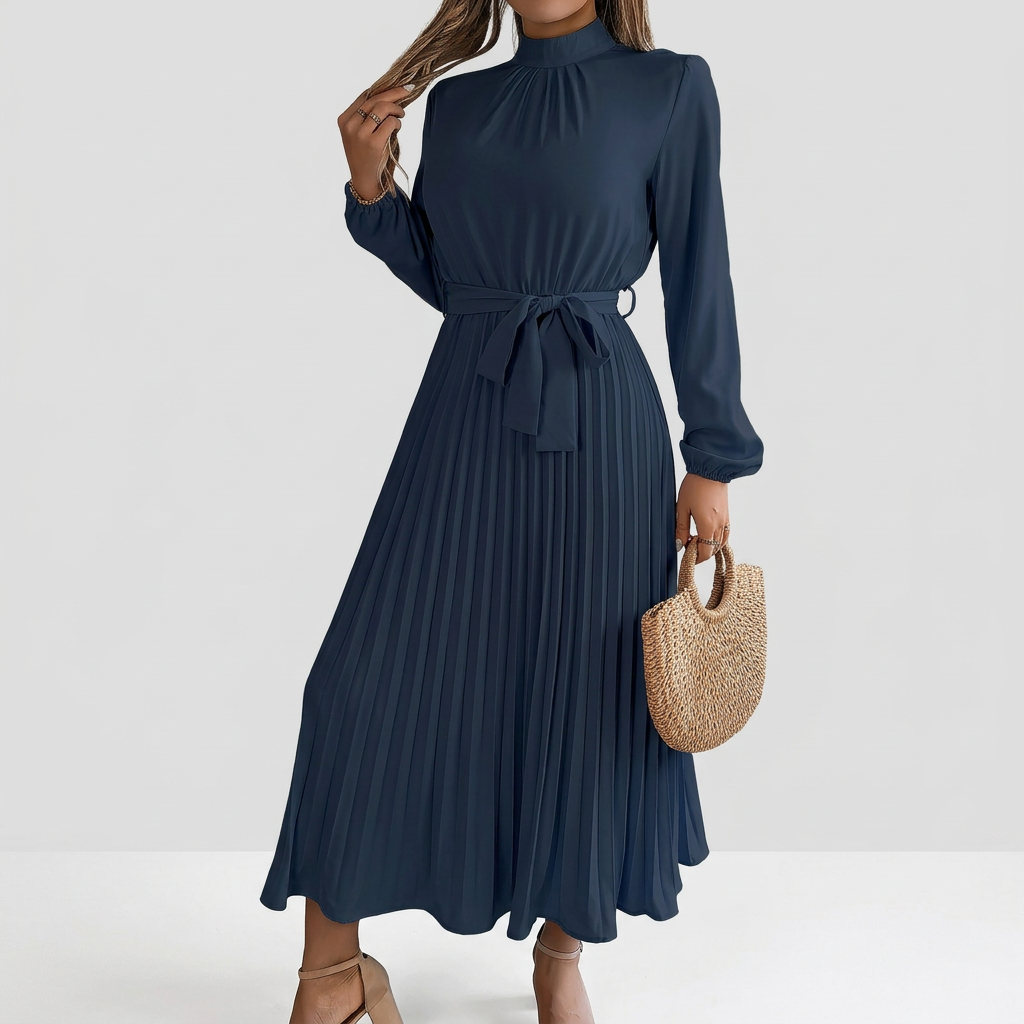 Dames Midi Jurk met Opstaande Kraag, Geplooide Rok en Tailleband
