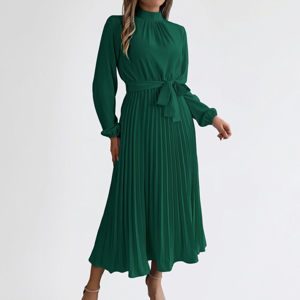 Dames Midi Jurk met Opstaande Kraag, Geplooide Rok en Tailleband