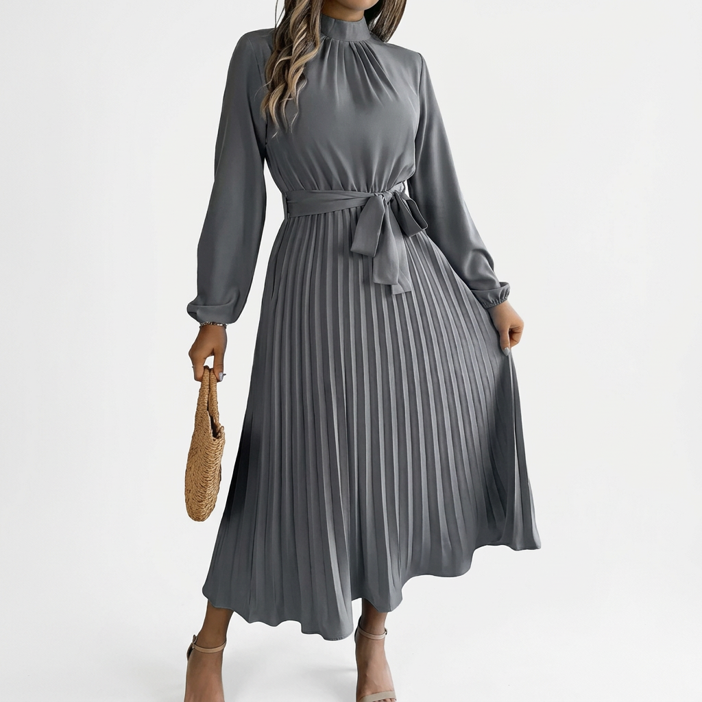 Dames Midi Jurk met Opstaande Kraag, Geplooide Rok en Tailleband