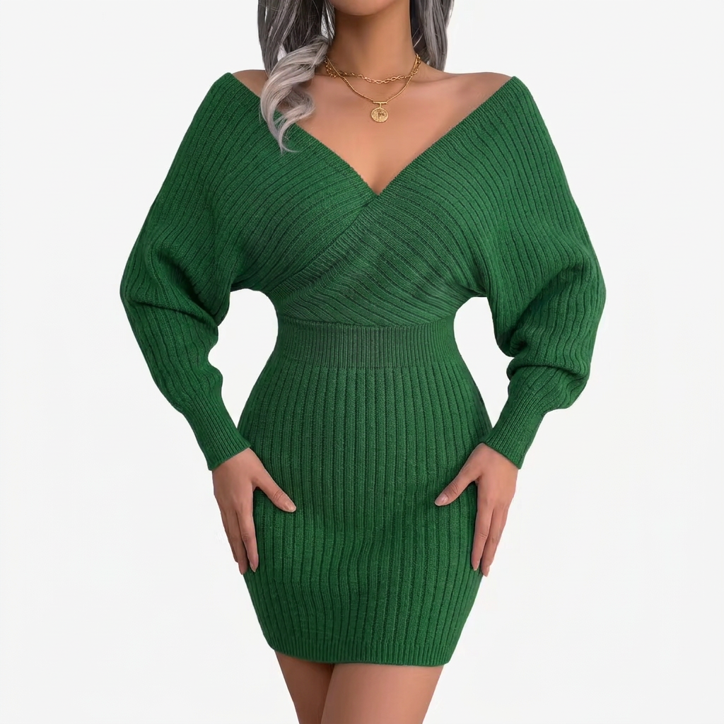 Fey | Gebreide Off-Shoulder Jurk met V-Hals